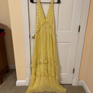 En Creme Yellow Metallic Polka Dot Dress; XL